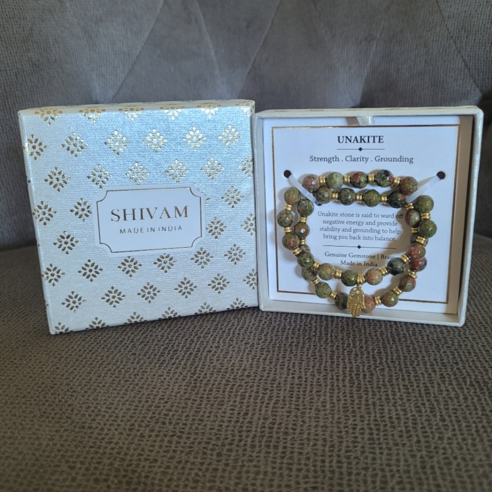 Shivam Unakite Stretch Bracelet Duo✌️ with Hamsa🤚Charm - NIB
